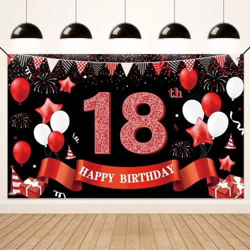 Koliphy 18. Geburtstagsdeko, 18. Happy Birthday Banner für Jungen Mädchen, Schwarz Rot Stoff 18 Geburtstagsbanner Hintergrund Party Dekoration Drinnen und Draußen von Koliphy