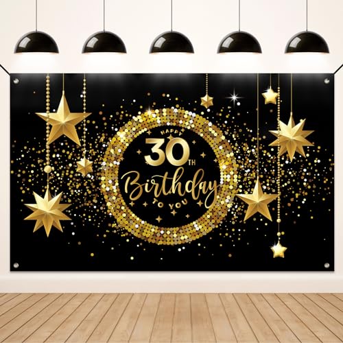 Koliphy 30. Geburtstagsbanner, 30. Happy Birthday Banner für Mann Frau, Schwarz Gold Stoff 30 Geburtstag Deko Hintergrund Party Dekoration Drinnen und Draußen von Koliphy