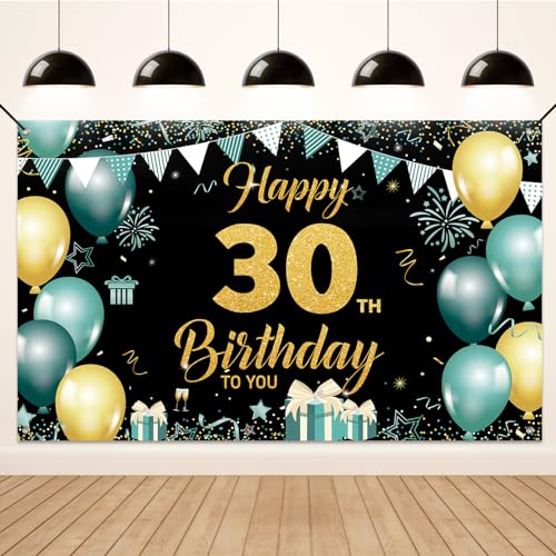 Koliphy 30. Geburtstagsdeko, 30. Happy Birthday Banner für Mann Frau, Grün Gold Stoff 30 Geburtstagsbanner Hintergrund Party Dekoration Drinnen und Draußen von Koliphy