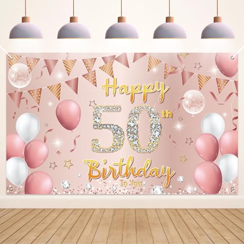 Koliphy 50. Geburtstag Deko, 50. Happy Birthday Banner für Mann Frau, Rose Gold Stoff 50 Geburtstagsbanner Hintergrund Party Dekoration Drinnen und Draußen von Koliphy