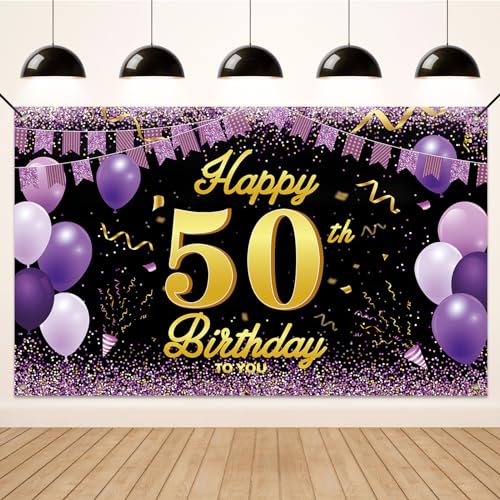 Koliphy 50. Geburtstag Deko, 50. Happy Birthday Banner für Mann Frau, Schwarz Lila Stoff 50 Geburtstagsbanner Hintergrund Party Dekoration Drinnen und Draußen von Koliphy