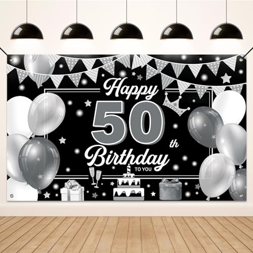 Koliphy 50. Geburtstag Deko, 50. Happy Birthday Banner für Mann Frau, Silber Schwarz Stoff 50 Geburtstagsbanner Hintergrund Party Dekoration Drinnen und Draußen von Koliphy