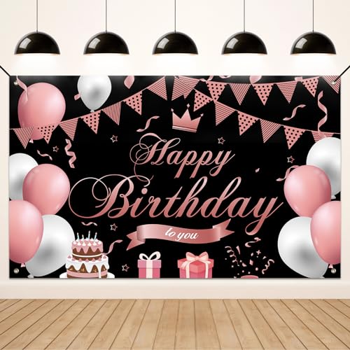 Koliphy Geburtstag Banner, Happy Birthday Banner Deko für Männer Frauen, Stoff Geburtstagsbanner Dekoration Drinnen und Draußen, Schwarze Rose von Koliphy