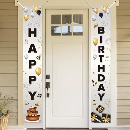 Koliphy Geburtstag Deko, Happy Birthday Banner, Geburtstag Tür Banner für Männer Frauen, Verdicken Stoff Geburtstagsbanner Dekoration für Drinnen Draußen, 70.8 x 11.8 Zoll, Schwarz Weiß von Koliphy