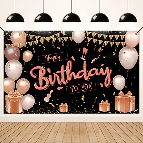 Koliphy Geburtstag Deko Banner, Happy Birthday Banner Schwarz Rose Geburtstagsdeko für Mädchen Frau, Stoff Geburtstagsbanner Dekoration Drinnen und Draußen von Koliphy