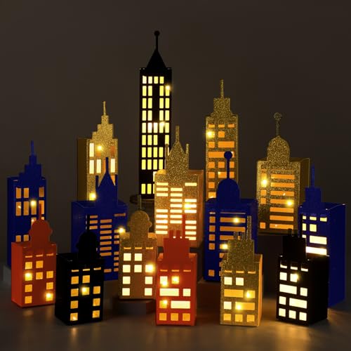 Kolldenn Helden-Party-Geschenkboxen mit Licht, Wolkenkratzer-Box, 3D-Stadt-Skyline, Gebäude, Helden, Herzstück für Helden-Thema, Geburtstagsparty, Dekorationen, Zubehör (klassische Farbe), 15 Stück von Kolldenn