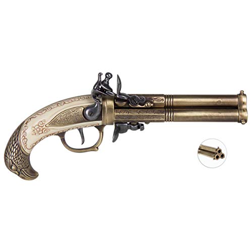 Kolser Deutsche Messingfarbene 3-läufige Steinschlosspistole 1775 Augsburg, 48cm, Elfenbein-Gold, Zamak & Kunststoff, Unisex, Alter: 6-12 Jahre von Kolser