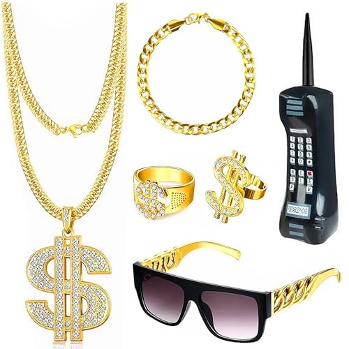 Komicea Zuhälter Kostüm Fasching 6er Set, 80er 90er Jahre Outfit Herren mit Gangster Gang Sonnenbrille Goldkette Dollar Ring Goldenes Armband, Kostüm Kit für Cosplay Karneval Fasching Thema Party Komicea Zuhälter Kostüm Fasching 6er Set, 80er 90er Jahre Outfit Herren mit Gangster Gang Sonnenbrille Goldkette Dollar Ring Goldenes Armband, Kostüm Kit für Cosplay Karneval Fasching Thema Party von Komicea