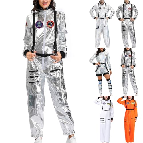 Komiseup Astronaut Kostüm Damen Herren Erwachsene Weltall Raumfahrer Outfit Silver Glänzend Karneval Kostüm Metallic Langarm Jumpsuit Spaceman Cosplay Paar Kostüm Festlich Verkleidung Faschingskostüme von Komiseup