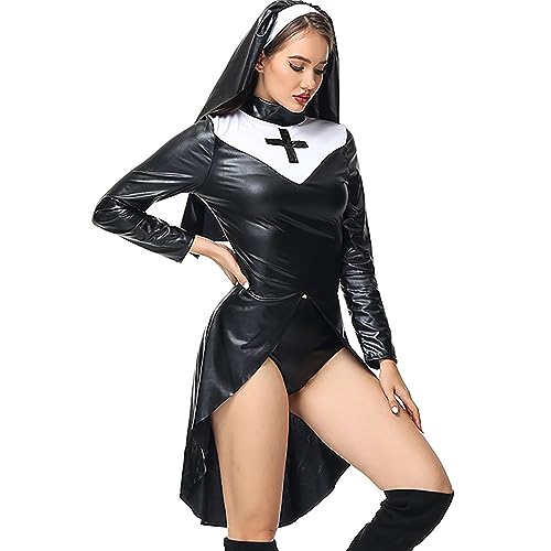KonJim Nonnenkostüm für Damen, Nonnenkleid, Halloween, Cosplay, Nonnenkostüm, Leder, Bodysuit, Hut, Halloween, Karneval, Cosplay, Frack, Langarm, Leder, Halloween, Kostüm, Party, Verkleidung KonJim Nonnenkostüm für Damen, Nonnenkleid, Halloween, Cosplay, Nonnenkostüm, Leder, Bodysuit, Hut, Halloween, Karneval, Cosplay, Frack, Langarm, Leder, Halloween, Kostüm, Party, Verkleidung von KonJim