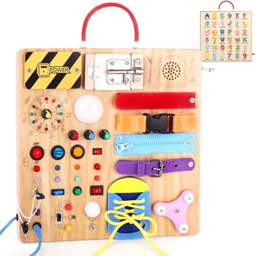 23 in 1 Montessori Spielzeug ab 1 jahr Busy Board Activity Board Spielzeug ab 2 jahre Holzspielzeug mit 15 Schalter, 26 LED-Leuchten ,Spieluhr, Schloss, Schnürsenkeln, Reißverschluss Sensory Spielzeug von Konijiwa