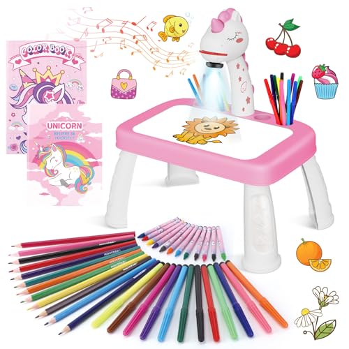 Einhorn Geschenke für Mädchen Zeichenprojektor für Kinder mit 72 Motiven Mädchen Geschenke Spielzeug 3 4 5 6 7 jahre Kinder Projektor mit Musik mit Buntstiften,Scrapbook,Stickerbuch, Stickern,Stempeln von Konijiwa