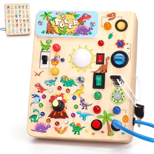 Konijiwa Dinosaur Montessori Spielzeug ab 1 Jahr Busy Board Activity Board Spielzeug ab 2 Jahre Holzspielzeug mit 10 Schalter 23 LED-Leuchten Spielzeug Sensory Learning Toys für 1 2 3 Jahre Jungen von Konijiwa