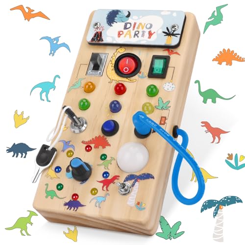 Konijiwa Dinosaurier Montessori Busy Board ab 1 Jahr Montessori Spielzeug mit 8 LED Lichtschalterspielzeug Activity Board Holzspielzeug Motorikspielzeug Sensorisches Lernspielzeug für Babys von Konijiwa
