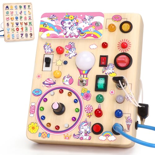 Konijiwa Einhorn Montessori Busy Board Spielzeug ab 1 Jahr Activity Board Spielzeug ab 2 Jahre Holzspielzeug mit 10 Schalter 23 LED-Leuchten Spielzeug Sensory Learning Toys für 1 2 3 Jahre Mädchen von Konijiwa