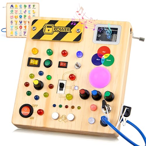 Konijiwa Montessori Spielzeug ab 1 Jahr Busy Board Activity Board Spielzeug ab 2 Jahre Holzspielzeug mit 13 Schalter 24 LED-Leuchten Spielzeug Sensory Learning Toys von Konijiwa