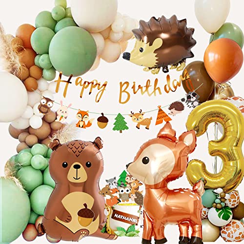 Konoz Geburtstagsdeko 3 Jahre für Mädchen und Jungen - Luftballon, Waldtiere, Safari Dschungel Thema - Kindergeburtstag Set von Konoz
