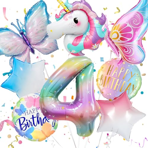 Konoz Einhorn Geburtstagsdeko 4 Jahre Mädchen - Luftballon, Folienballon 4, Schmetterling Deko - Kindergeburtstag Dekoration Konoz Einhorn Geburtstagsdeko 4 Jahre Mädchen - Luftballon, Folienballon 4, Schmetterling Deko - Kindergeburtstag Dekoration von Konoz