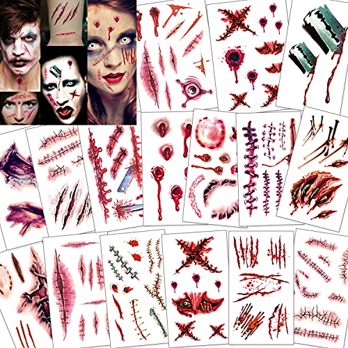 Konsait 118pcs Halloween Tattoos Narben, Halloween Schminke Wunden Tattoos Zombie Make Up Gesicht Aufkleber Halloween Kostüm Vampir Cosplay Accessoires Dekorationen für Kinder Damen Männer von Konsait