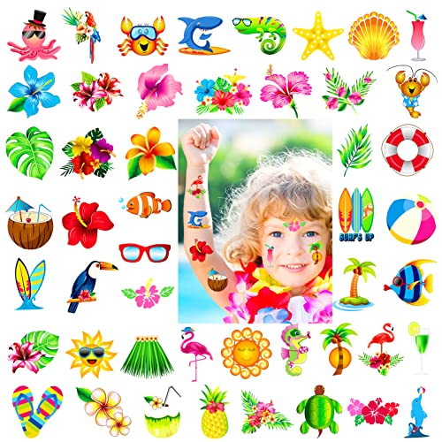 Konsait 96 Hawaii Luau Temporäre Tattoos Aufkleber Kindertattoos für Mädchen, Jungen, Kindergeburtstag Mitgebsel, Hawaii Tropischen Aloha Sommer Beach Party Deko von Konsait