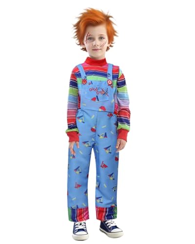 Chucky Kostüm für Kinder, Jungen, Mädchen, Horror-Killer-Puppen-Outfits, Good Guys Chucky Cosplay Overalls und gestreiftes T-Shirt Halloween Party Dress Up Chucky Kostüm für Kinder, Jungen, Mädchen, Horror-Killer-Puppen-Outfits, Good Guys Chucky Cosplay Overalls und gestreiftes T-Shirt Halloween Party Dress Up von Koongso
