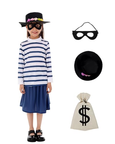 Einbrecher-Kostüm für Kinder, Bobber Weltbuchtag Kostüme für Mädchen, Dieb, Betty, gestreiftes Hemd, Augenmaske, Swag-Tasche für Schule, Buchwoche, Party Einbrecher-Kostüm für Kinder, Bobber Weltbuchtag Kostüme für Mädchen, Dieb, Betty, gestreiftes Hemd, Augenmaske, Swag-Tasche für Schule, Buchwoche, Party von Koongso