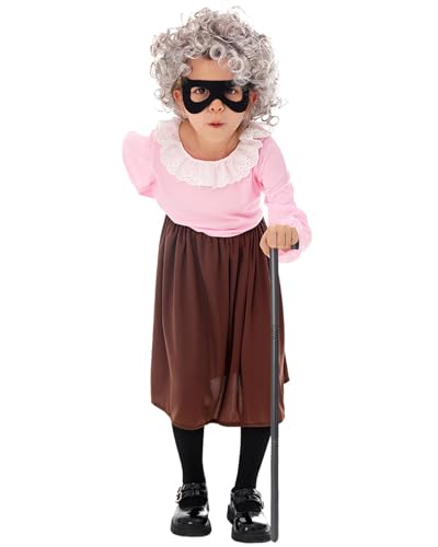 Gangsta Oma Welttag Kostüme für Mädchen, Einbrecher Oma Verkleidung mit Oma Perücke Räuber Maske Tasche für Buchwoche 100 Schultage, XL Gangsta Oma Welttag Kostüme für Mädchen, Einbrecher Oma Verkleidung mit Oma Perücke Räuber Maske Tasche für Buchwoche 100 Schultage, XL von Koongso