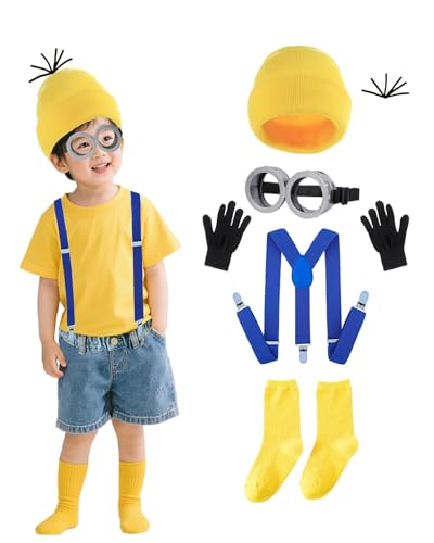 Gelbes Kostüm-Zubehör für Kinder, Halloween-Party, Verkleidungen, Weltbuchtag-Kostüme, gelbe Beanie-Mütze, Brille, Schultergurt, Handschuhe, Socken Gelbes Kostüm-Zubehör für Kinder, Halloween-Party, Verkleidungen, Weltbuchtag-Kostüme, gelbe Beanie-Mütze, Brille, Schultergurt, Handschuhe, Socken von Koongso