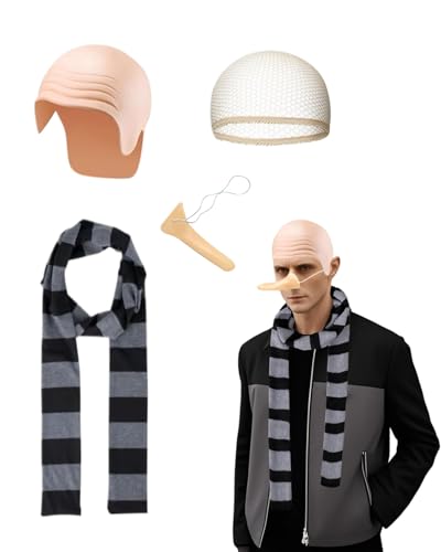 Gru Kostümzubehör für Erwachsene – Glatzenhaube, falsche Nase, Perückenkappe, gestreifter Schal, 4 Stück, Film, Halloween, Kostüm, Weltbuchtag, Kostüme für Erwachsene Gru Kostümzubehör für Erwachsene – Glatzenhaube, falsche Nase, Perückenkappe, gestreifter Schal, 4 Stück, Film, Halloween, Kostüm, Weltbuchtag, Kostüme für Erwachsene von Koongso