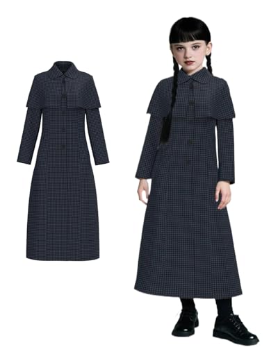 Koongso Addams Wednesday-Kostüm für Mädchen, Gothic-Schuluniform, schwarzer karierter Mantel mit Umhang, für Kinder, Halloween, Party, Cosplay, Bühnen-Outfit von Koongso