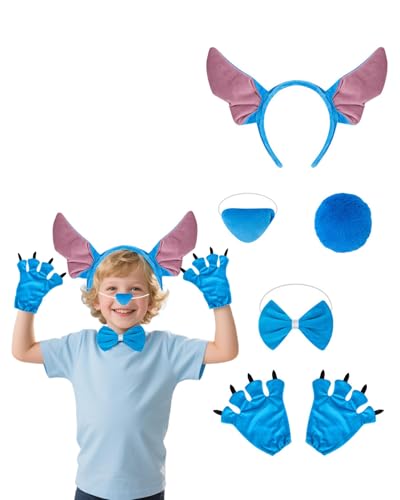 Koongso Alien-Hunde-Kostüm-Requisiten für Jungen und Mädchen, blaues Hundeohr-Stirnband, Fliege, Nase, Schwanz, Hundekrallenhandschuhe, Kinder, Cartoon-Tier, Halloween-Party, Verkleidung, 5 Stück von Koongso