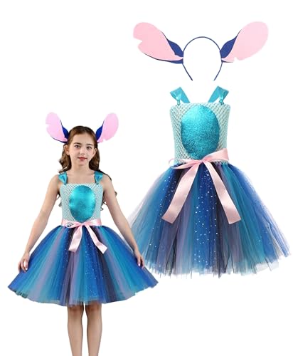 Koongso Alien Hundekostüm für Mädchen, Lilo Ohana Hundeohren Stirnband Sparkle Prinzessin Tüll Tutu Kleid, Cartoon Alien Cosplay Outfits Geburtstag Party Dress Up von Koongso