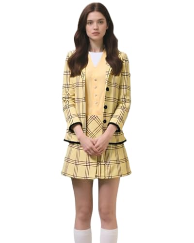 Koongso Cher Kostüm für Damen, Filmschulmädchen-Outfits, gelbe karierte Jacke, Rock, Weste, 90er-Jahre-Kostüm, Vintage-Kostüm für Halloween-Mottoparty von Koongso