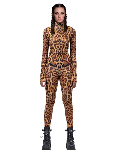 Koongso Damen Halloween Tier Gepard Kostüm Outfits, Unisex Männer Frauen 3D-Druck Langarm Leopard Cosplay Bodysuit Gepard Skinny Catsuit Jumpsuit von Koongso
