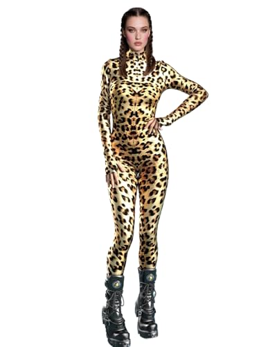 Koongso Damen Halloween Tier Gepard Kostüm Outfits, Unisex Männer Frauen 3D-Druck Langarm Leopard Cosplay Bodysuit Gepard Skinny Catsuit Jumpsuit von Koongso