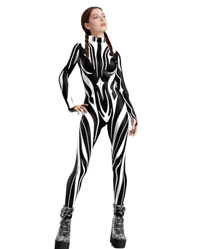 Koongso Damen Tier Zebra Halloween Kostüm, Unisex Herren Damen 3D Druck Zebra Langarm Cosplay Bodysuit Schwarz Weiß Skinny Catsuit Zentai Jumpsuit von Koongso