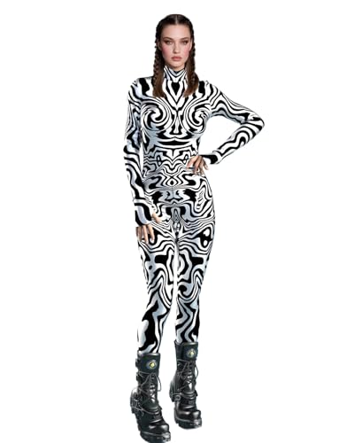 Koongso Damen Tier Zebra Halloween Kostüm, Unisex Herren Damen 3D Druck Zebra Langarm Cosplay Bodysuit Schwarz Weiß Skinny Catsuit Zentai Jumpsuit von Koongso