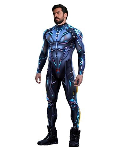 Koongso Erwachsene Roboter Superhelden Kostüm Outfits, Unisex Herren 3D Armor Roboter Druck Halloween Cosplay Jumpsuit Futuristisches Cyborg Kostüm Bodysuit von Koongso