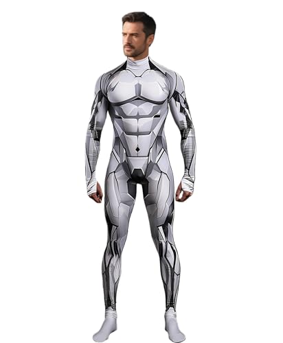 Koongso Herren 3D Roboter Superhelden Druck Bodysuit Halloween Kostüm Unisex Erwachsene Rüstung Roboter Skelett Cosplay Jumpsuit Futuristisches Cyborg Kostüm Verkleidung von Koongso