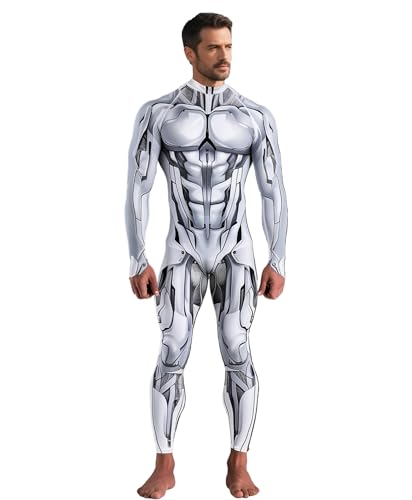 Koongso Herren 3D Roboter Superhelden Druck Bodysuit Halloween Kostüm Unisex Erwachsene Rüstung Roboter Skelett Cosplay Jumpsuit Futuristisches Cyborg Kostüm Verkleidung von Koongso