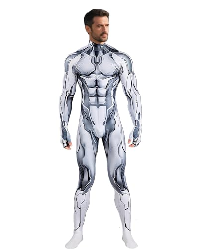 Koongso Herren 3D Roboter Superhelden Druck Bodysuit Halloween Kostüm Unisex Erwachsene Rüstung Roboter Skelett Cosplay Jumpsuit Futuristisches Cyborg Kostüm Verkleidung von Koongso