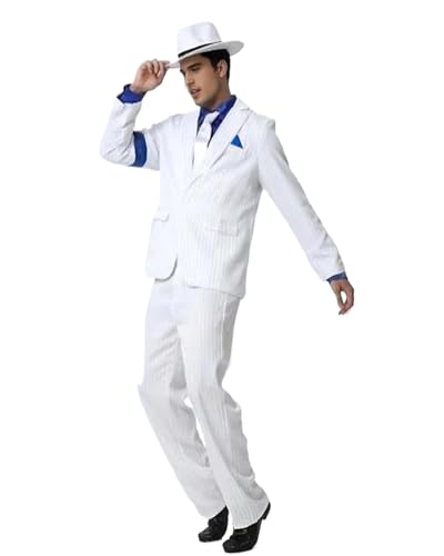 Koongso Herren Tanzstar Pop King MJ Kostüm, Michael Cosplay Outfits – Weiß gestreifter Anzug mit Hut Krawatte Strapse blaues Hemd, Erwachsene 80er 90er Jahre Pop Bühne Party Dress Up Koongso Herren Tanzstar Pop King MJ Kostüm, Michael Cosplay Outfits – Weiß gestreifter Anzug mit Hut Krawatte Strapse blaues Hemd, Erwachsene 80er 90er Jahre Pop Bühne Party Dress Up von Koongso