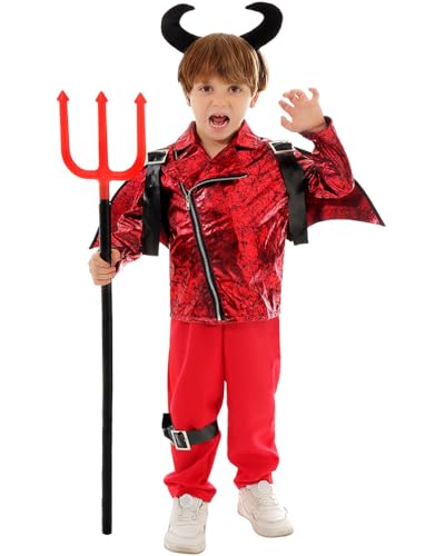 Koongso Kinder Halloween Gruseliger Teufel Kostüm Jungen Punk Roter Dämon Rollenspiel Outfits mit Zubehör Karneval Schule Bühne Party Dress Up von Koongso