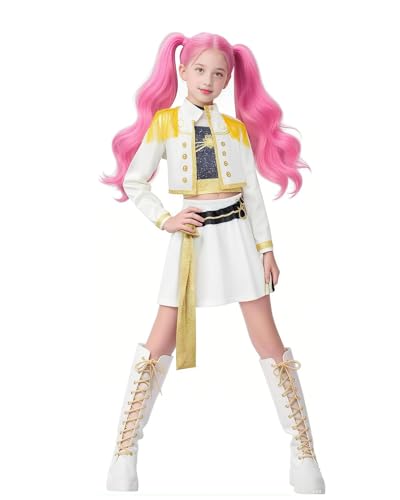 Koongso Kinder Kpop Dämonenjagd-Kostüme, Mädchen Hunter Mira Cosplay Pailletten gedruckt Bühnenkostüm Anime Idol Halloween Performance Outfits von Koongso