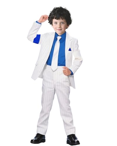 Koongso Kinder Pop King Michael Kostüm, Jungen Super Star MJ Bühnenoutfits – weiß gestreifter Mantel Hose Krawatte 80er 90er Jahre Verkleidung für Halloween Cosplay Tanzparty Koongso Kinder Pop King Michael Kostüm, Jungen Super Star MJ Bühnenoutfits – weiß gestreifter Mantel Hose Krawatte 80er 90er Jahre Verkleidung für Halloween Cosplay Tanzparty von Koongso