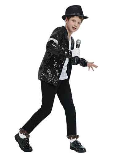 Koongso Michael-Kostüm für Kinder, Tanzstar, für Jungen und Mädchen, Pop-King, MJ – schwarze Paillettenjacke, Hose, Hut, Glitzer-Handschuhe, Kinder 80er-90er-Jahre-Tanzbühne, Halloween-Outfits Koongso Michael-Kostüm für Kinder, Tanzstar, für Jungen und Mädchen, Pop-King, MJ – schwarze Paillettenjacke, Hose, Hut, Glitzer-Handschuhe, Kinder 80er-90er-Jahre-Tanzbühne, Halloween-Outfits von Koongso