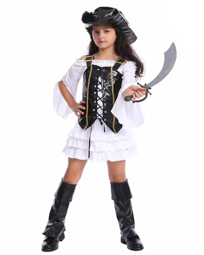 Koongso Piratenkapitän Kostüm für Kinder, Mädchen, Deluxe, mittelalterliches Renaissance-Wikinger-Kleid mit Weste, Hut, Freibeuter, Cosplay, Verkleidung, Performance-Zubehör Koongso Piratenkapitän Kostüm für Kinder, Mädchen, Deluxe, mittelalterliches Renaissance-Wikinger-Kleid mit Weste, Hut, Freibeuter, Cosplay, Verkleidung, Performance-Zubehör von Koongso