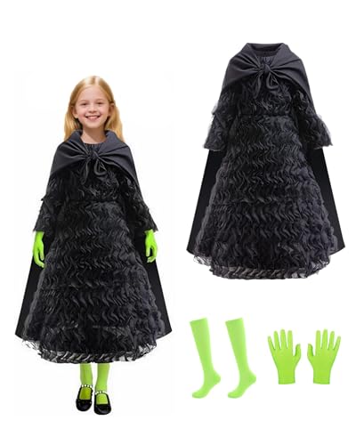 Koongso Schwarze Hexe Elphaba Kostüm für Kinder, Elphaba Kleid Cosplay Outfits, Mädchen Schwarz Tüll Hexenkleid mit Umhang, grünen Handschuhen und Strümpfen Koongso Schwarze Hexe Elphaba Kostüm für Kinder, Elphaba Kleid Cosplay Outfits, Mädchen Schwarz Tüll Hexenkleid mit Umhang, grünen Handschuhen und Strümpfen von Koongso