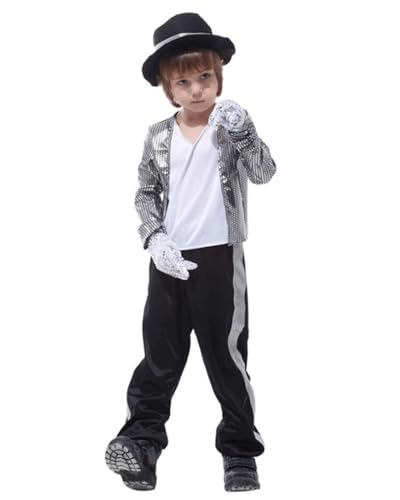 Koongso Super Star Michael Kostüm für Kinder, Jungen Pop King MJ Glitzerndes Silber Outfit Anzug mit Zubehör Kind 70er 80er Disco Dance Bühne Verkleiden Schule Show Requisiten Koongso Super Star Michael Kostüm für Kinder, Jungen Pop King MJ Glitzerndes Silber Outfit Anzug mit Zubehör Kind 70er 80er Disco Dance Bühne Verkleiden Schule Show Requisiten von Koongso