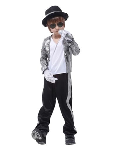 Koongso Superstar Michael Kostüm, Pop King MJ Glitzerndes Silber Kostüm Anzug mit Zubehör Kinder 70er 80er Jahre Disco Dance Bühne Outfit Schule Dress Up von Koongso
